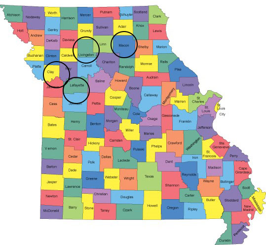 Map of Missouri counties. Black circles around Livingston, Macon, Ray, Lafayette counties.