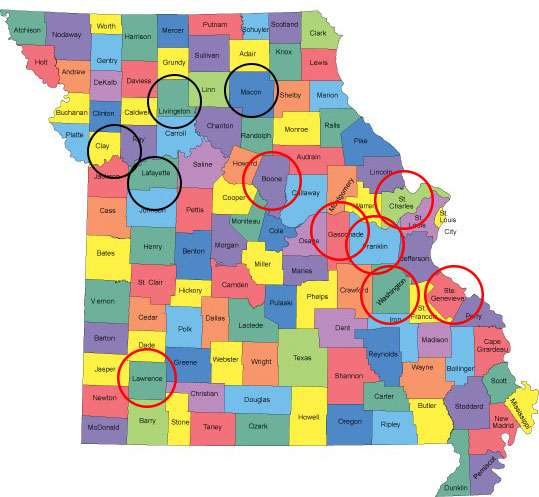 Map of Missouri counties. Black circles around Livingston, Macon, Ray, Lafayette counties. Red circles around Boone, Gasconade, Franklin, St. Charles, Washington, Ste. Genevieve, and Lawrence counties.