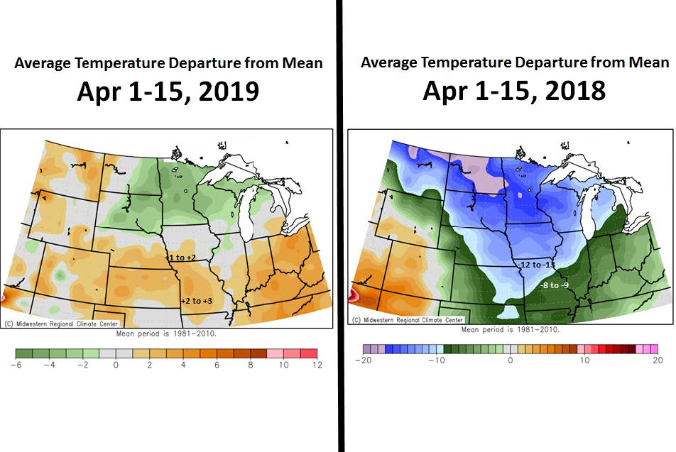 Side-by-side infographics: Left: Average temperature departure from mean for April 1-15, 2019 — most of MidWest states show a mean period +1 to +2, or +2 to +3 for southern Missouri, with some northern states around -2; Right: Average temperature departure from mean for April 1-15, 2019 — northern states show a greater area -12 to -10, midwestern states closer -8 to -9