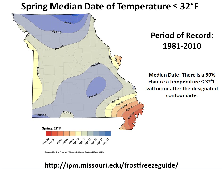 Infographic titled Spring Median Date of Temperature  Less than or Equal to 32 degrees F for 1981 to 2010: The bootheel area shows spring median date of March 31, and concentric rings imcreasing dates up to April 12; a pocket in the south shows median date around April 15; most of the state shows median date closer to April 12; pocket of northern Missouri shows later dates of April 15, April 16 above that, and April 21 at the very northernly edge