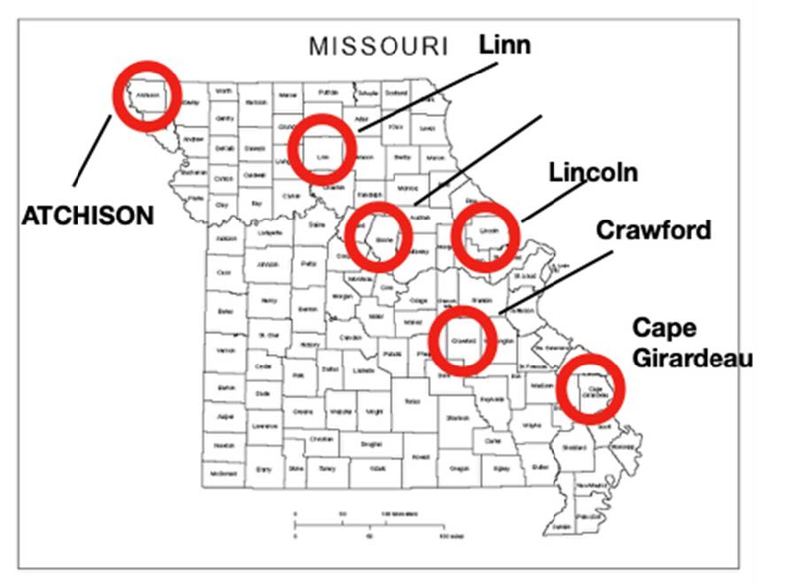 map of Missouri with the counties featured in the table identified with red circles: Atchison, Linn, Boone, Lincoln, Crawford, and Cape Girardeau