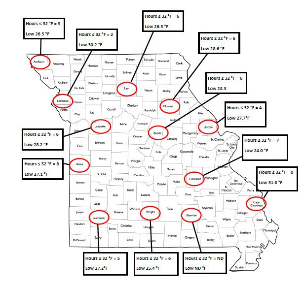 Map of Missouri with county names labeled, and two numbers highlighted for each callout--the first number is the number of hours with the temperature below 32 degrees F; the second number the low temperature reported by that county. Labels from north to south--Achison: 9, 26.5; Buchanan: 2, 30.2; Linn: 6, 26.5; Monroe: 6, 28.6; Lafayette: 6, 28.2; Boone: 6, 28.3; Lincoln: 4, 27.7; Bates: 8, 27.1; Crawford: 7, 24.0; Lawrence: 5, 27.2; Wright: 6, 25.4; Shannon: ND, ND; Cape Girardeau: 0, 31.8