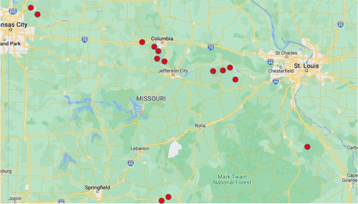 map shows the map of Missouri, with red dots -- two dots north side of KC, five dots between 
                    Columbia and Jeff City, four dots between Jeff City and St. Louis,one dot following I-55 halfway between St. Louis and Cape Giradeau, and two dots east of Springfield