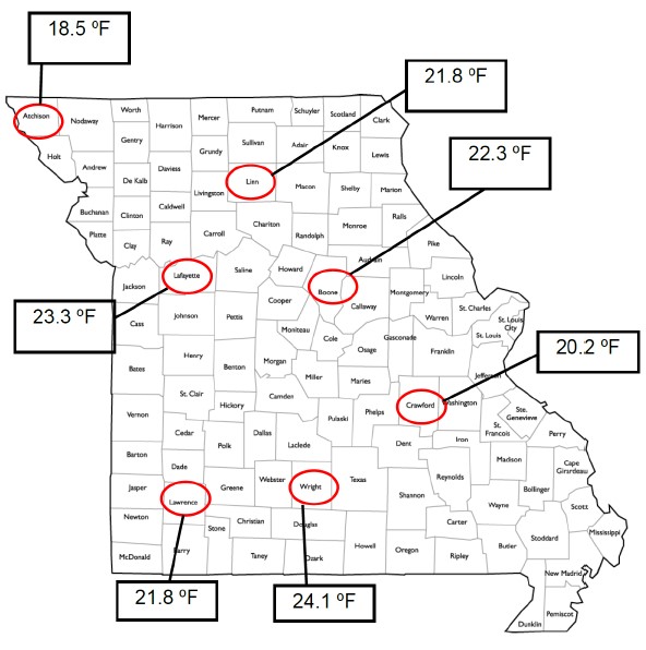 Missouri map with red circles indicating temperatures (in degrees F) for certain counties. Atchison: 18.5, Linn: 21.8, Lafayette: 23.3, Boone: 22.3, Crawford: 20.2, Lawrence: 21.8, Wright: 24.1