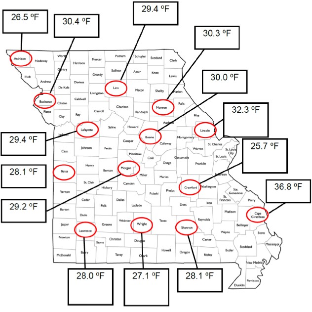 Missouri map with red circles indicating temperatures (in degrees F) for certain counties. Atchison: 26.5, Buchanan: 30.4, Linn: 29.4, Monroe: 30.3, Lafayette: 29.4, Boone: 30.0, Lincoln: 32.3, Bates: 28.2, Morgan: 29.2, Crawford: 25.7, Lawrence: 28.0, Wright: 27.1, Shannon: 28.1, Cape Girardeau: 36.8