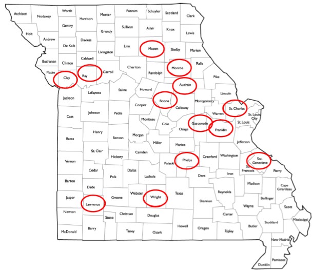 Missouri map with red circles indicating counties with reported damage: Northwest: Clay, Ray; Northeast: Macon, Monroe, Audrain; Central: Boone, Gasconade, Franklin, St. Charles; Southwest: Lawrence, Wright; Southeast: Phelps, Ste. Genevieve.