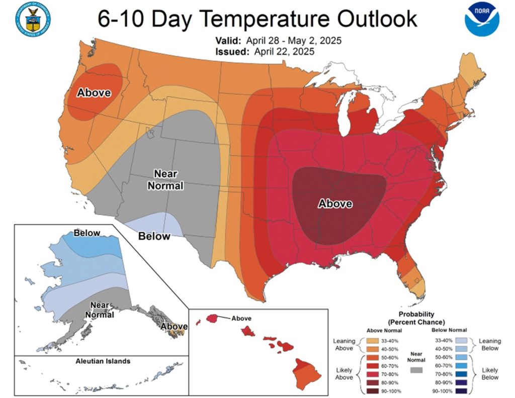 Temperature forecast for April 28 to May 2, 2025.