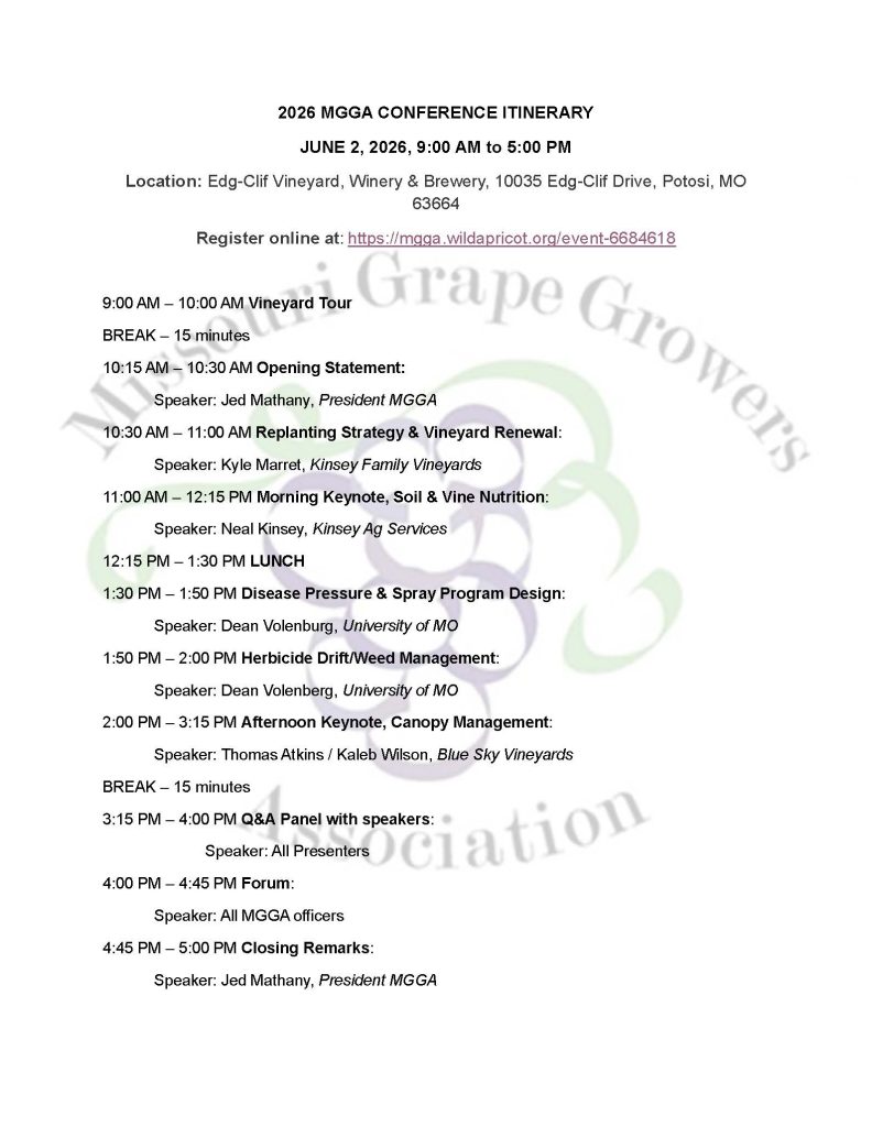 2026 Missouri Grape Growers Itinerary for June 2, 2026 Meeting and Tour at Edg-Clif Vineyard, Winery & Brewery in Potosi, Missouri. Includes a link to register online.